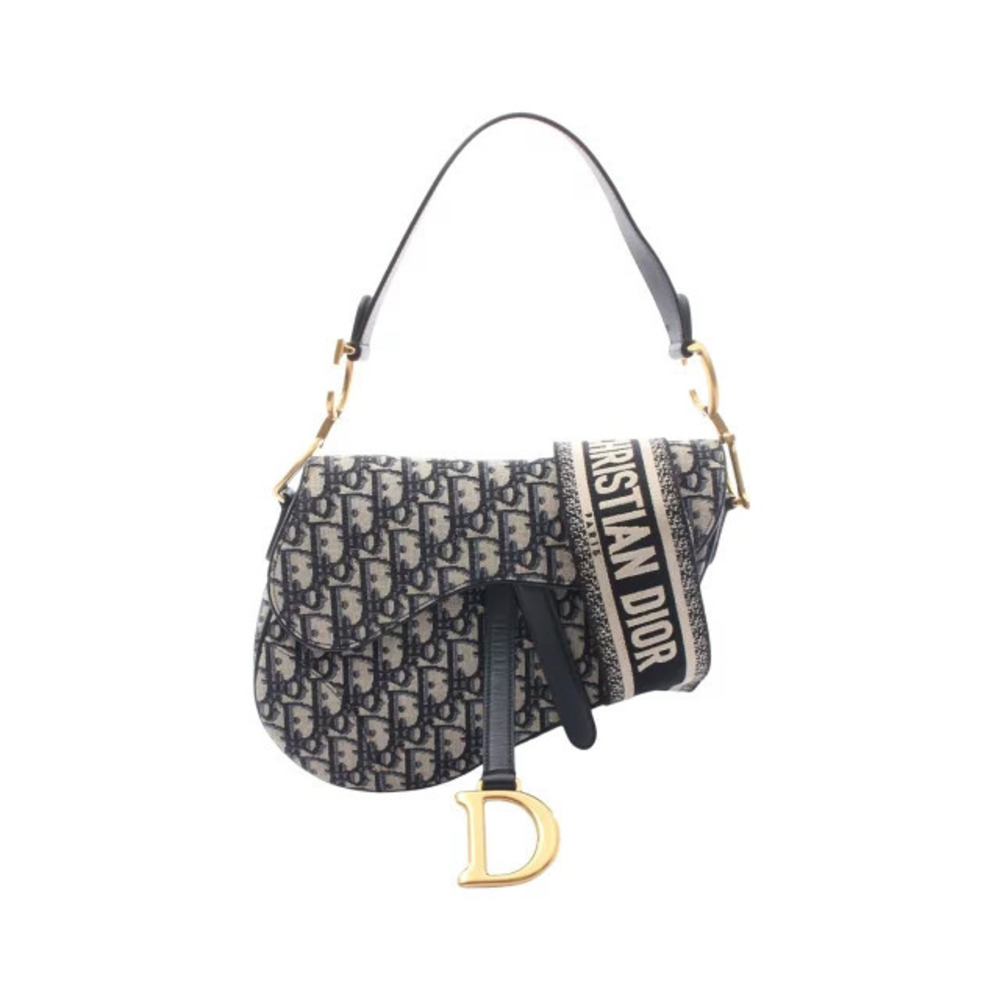 Christian Dior SADDLE Oblique Handbag Canvas Leather Navy Blue Beige Cream